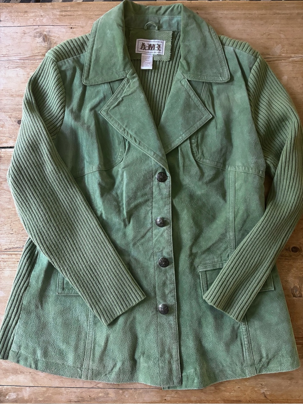 Vintage 90’s Y2K Apple Green Suede and Rib Knit Jacket by AMI XL